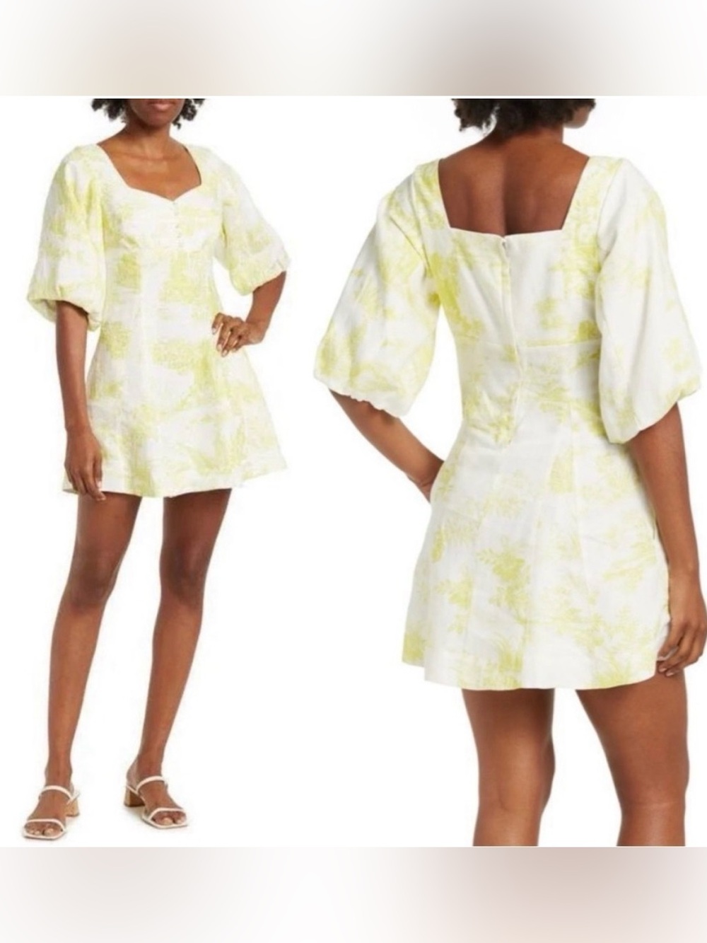 NICHOLAS Lydia Linen Puff Sleeve Mini Dress in Varley Toile Limeade Size 6